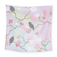 Birds Blossom Seamless Pattern Square Tapestry (large)