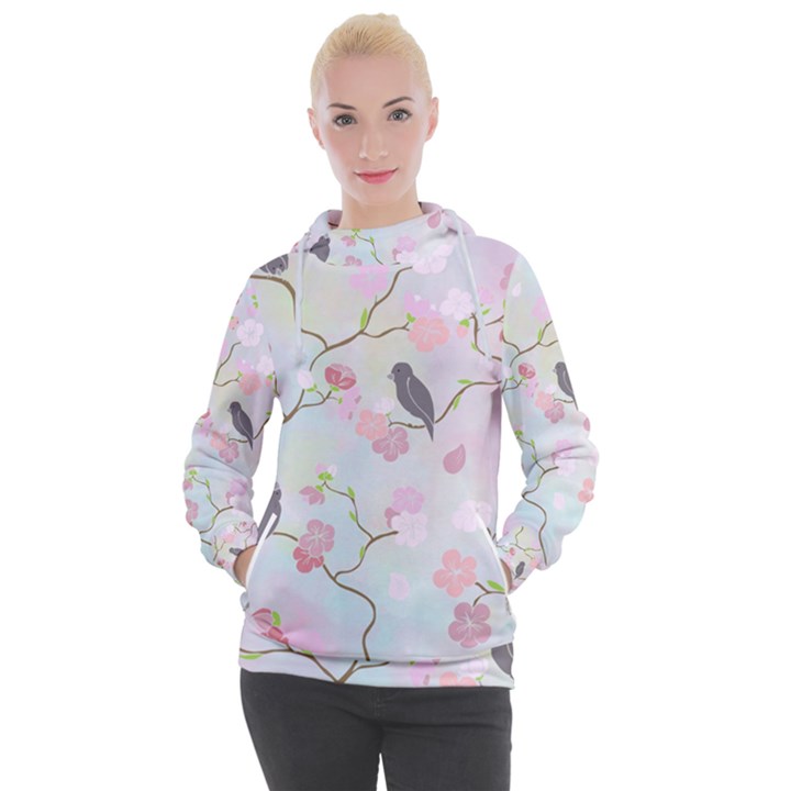 Birds Blossom Seamless Pattern Women s Hooded Pullover