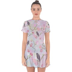 Birds Blossom Seamless Pattern Drop Hem Mini Chiffon Dress