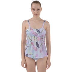 Birds Blossom Seamless Pattern Twist Front Tankini Set