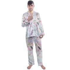 Birds Blossom Seamless Pattern Men s Long Sleeve Satin Pajamas Set by Jancukart