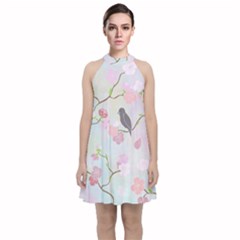 Birds Blossom Seamless Pattern Velvet Halter Neckline Dress 