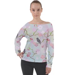 Birds Blossom Seamless Pattern Off Shoulder Long Sleeve Velour Top by Jancukart