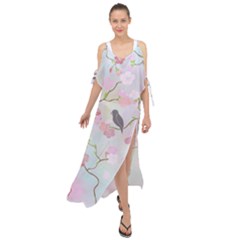 Birds Blossom Seamless Pattern Maxi Chiffon Cover Up Dress