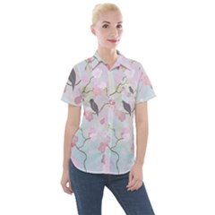 Birds Blossom Seamless Pattern Women s Short Sleeve Pocket Shirt