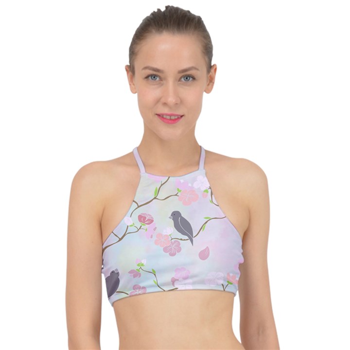 Birds Blossom Seamless Pattern Racer Front Bikini Top