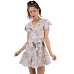 Birds Blossom Seamless Pattern Flutter Sleeve Wrap Dress