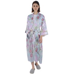 Birds Blossom Seamless Pattern Maxi Satin Kimono by Jancukart