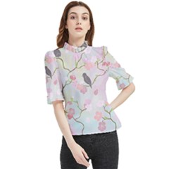 Birds Blossom Seamless Pattern Frill Neck Blouse