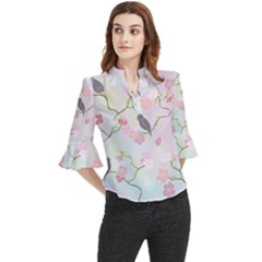 Birds Blossom Seamless Pattern Loose Horn Sleeve Chiffon Blouse