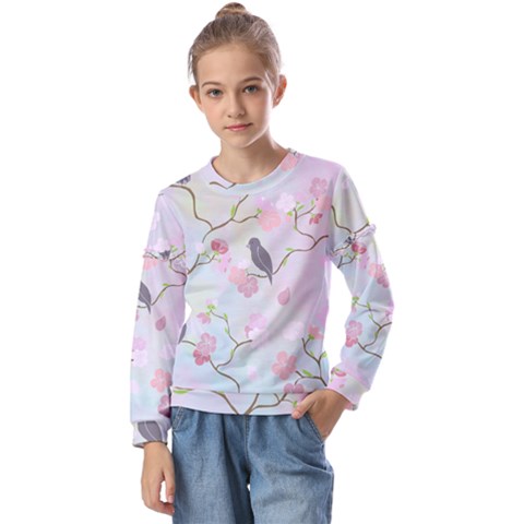 Birds Blossom Seamless Pattern Kids  Long Sleeve Tee With Frill  by Jancukart