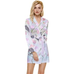 Birds Blossom Seamless Pattern Long Sleeve Satin Robe by Jancukart