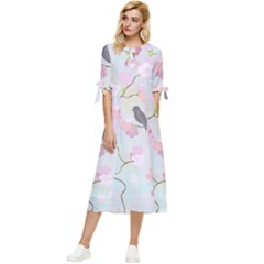 Birds Blossom Seamless Pattern Bow Sleeve Chiffon Midi Dress by Jancukart