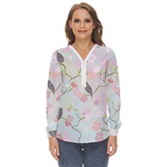 Birds Blossom Seamless Pattern Zip Up Long Sleeve Blouse