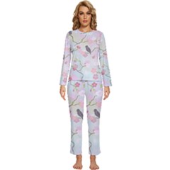 Birds Blossom Seamless Pattern Womens  Long Sleeve Lightweight Pajamas Set