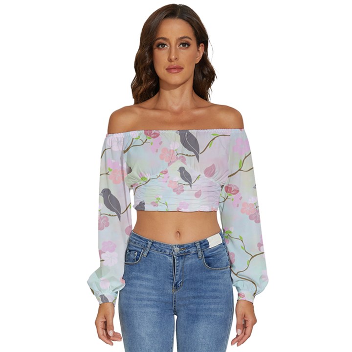 Birds Blossom Seamless Pattern Long Sleeve Crinkled Weave Crop Top