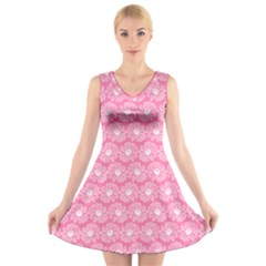 Pink Gerbera Daisy Vector Tile Pattern V-neck Sleeveless Dress by GardenOfOphir