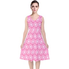 Pink Gerbera Daisy Vector Tile Pattern V-neck Midi Sleeveless Dress  by GardenOfOphir