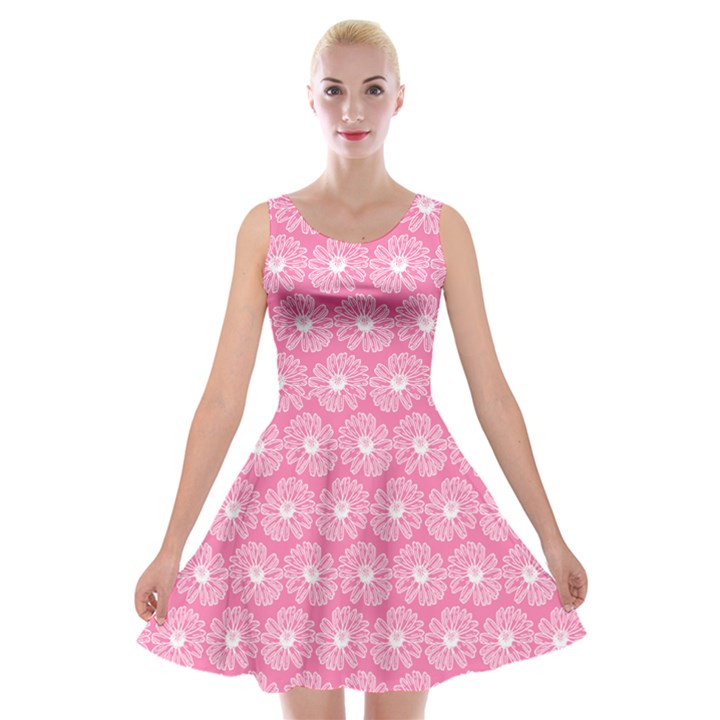 Pink Gerbera Daisy Vector Tile Pattern Velvet Skater Dress