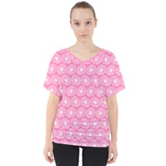 Pink Gerbera Daisy Vector Tile Pattern V-neck Dolman Drape Top by GardenOfOphir