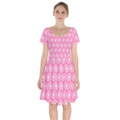 Pink Gerbera Daisy Vector Tile Pattern Short Sleeve Bardot Dress by GardenOfOphir