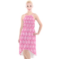 Pink Gerbera Daisy Vector Tile Pattern High-low Halter Chiffon Dress  by GardenOfOphir