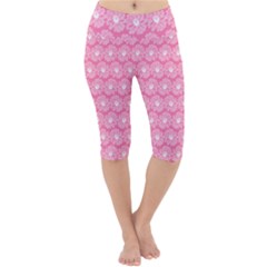 Pink Gerbera Daisy Vector Tile Pattern Lightweight Velour Cropped Yoga Leggings by GardenOfOphir