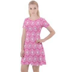 Pink Gerbera Daisy Vector Tile Pattern Cap Sleeve Velour Dress  by GardenOfOphir