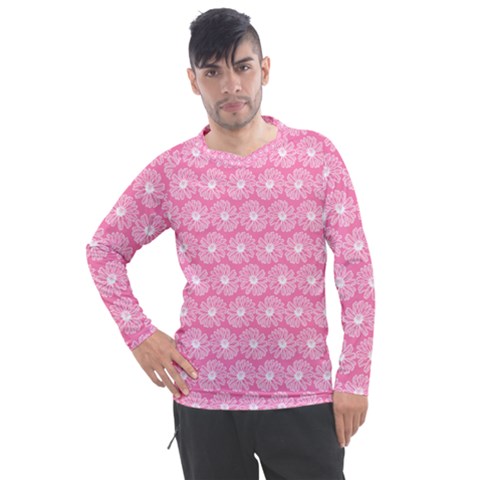 Pink Gerbera Daisy Vector Tile Pattern Men s Pique Long Sleeve Tee by GardenOfOphir