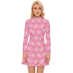 Pink Gerbera Daisy Vector Tile Pattern Long Sleeve Velour Longline Dress by GardenOfOphir