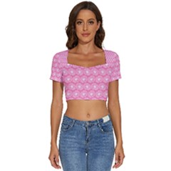 Pink Gerbera Daisy Vector Tile Pattern Short Sleeve Square Neckline Crop Top  by GardenOfOphir