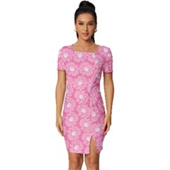 Pink Gerbera Daisy Vector Tile Pattern Fitted Knot Split End Bodycon Dress by GardenOfOphir