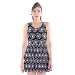 Black And White Gerbera Daisy Vector Tile Pattern Scoop Neck Skater Dress by GardenOfOphir