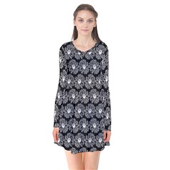 Black And White Gerbera Daisy Vector Tile Pattern Long Sleeve V-neck Flare Dress by GardenOfOphir