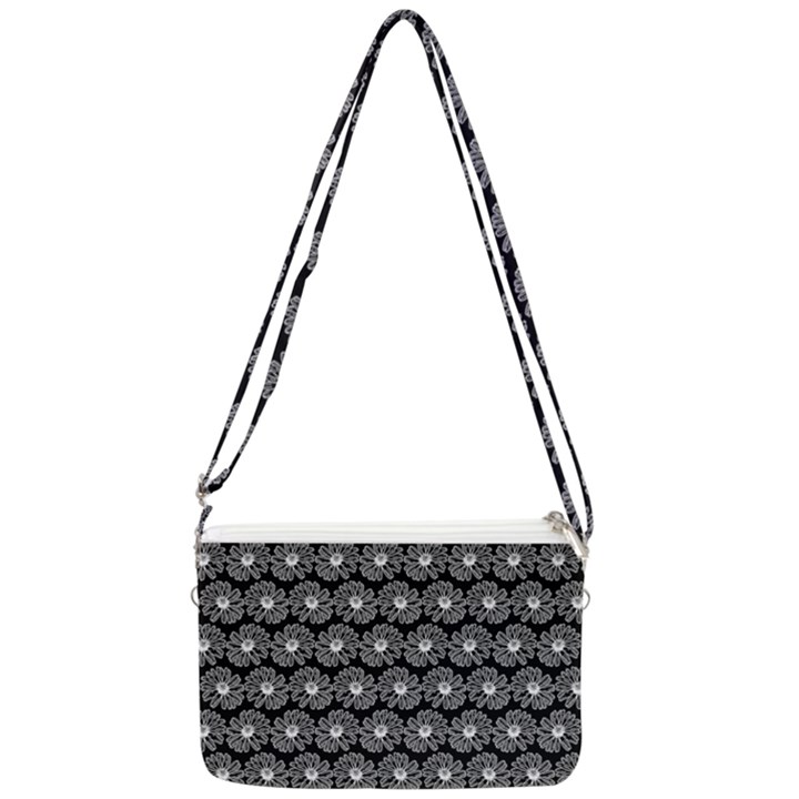 Black And White Gerbera Daisy Vector Tile Pattern Double Gusset Crossbody Bag