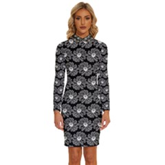 Black And White Gerbera Daisy Vector Tile Pattern Long Sleeve Shirt Collar Bodycon Dress by GardenOfOphir