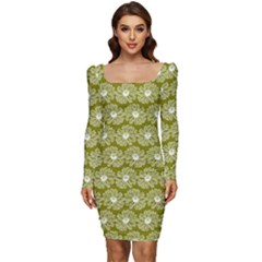 Gerbera Daisy Vector Tile Pattern Women Long Sleeve Ruched Stretch Jersey Dress by GardenOfOphir