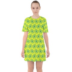 Gerbera Daisy Vector Tile Pattern Sixties Short Sleeve Mini Dress by GardenOfOphir