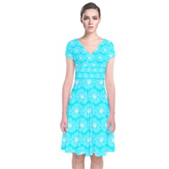 Gerbera Daisy Vector Tile Pattern Short Sleeve Front Wrap Dress