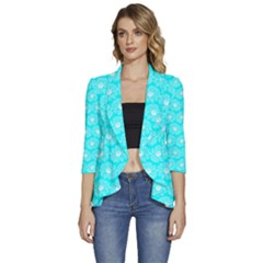 Gerbera Daisy Vector Tile Pattern Women s 3/4 Sleeve Ruffle Edge Open Front Jacket by GardenOfOphir