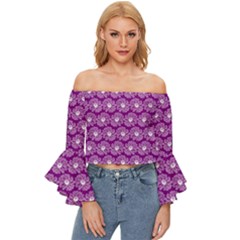 Gerbera Daisy Vector Tile Pattern Off Shoulder Flutter Bell Sleeve Top by GardenOfOphir