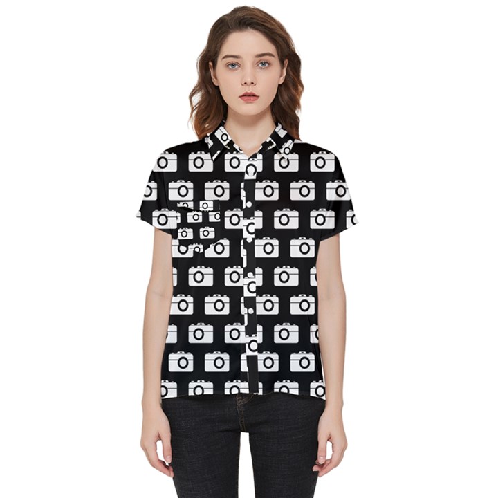 Modern Chic Vector Camera Illustration Pattern Short Sleeve Pocket Shirt