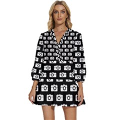 Modern Chic Vector Camera Illustration Pattern V-neck Placket Mini Dress by GardenOfOphir