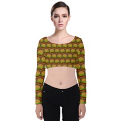 Burger Snadwich Food Tile Pattern Velvet Long Sleeve Crop Top by GardenOfOphir