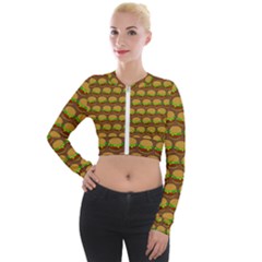 Burger Snadwich Food Tile Pattern Long Sleeve Cropped Velvet Jacket by GardenOfOphir