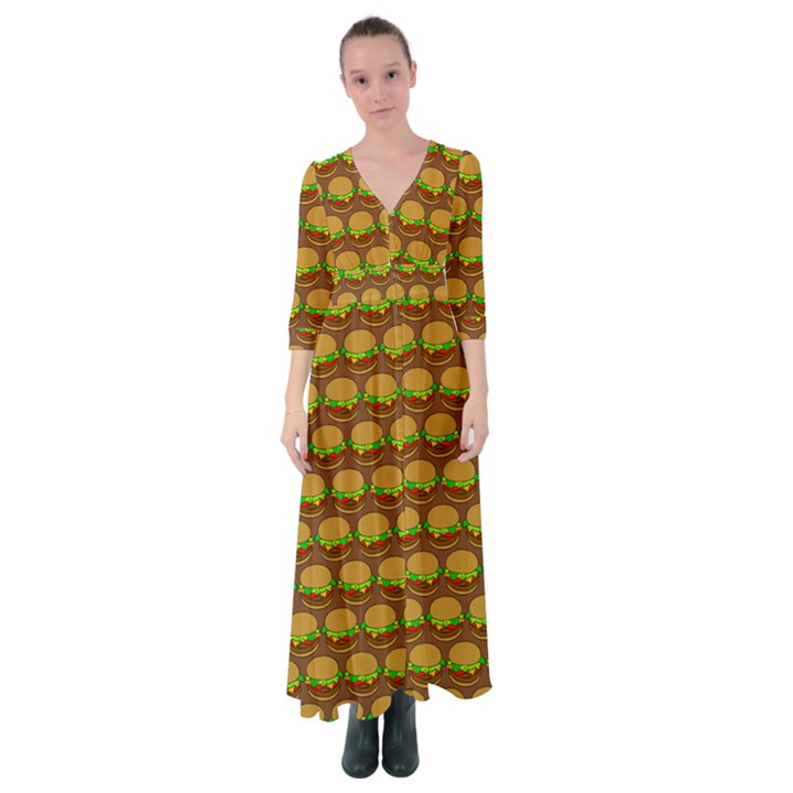 Burger Snadwich Food Tile Pattern Button Up Maxi Dress