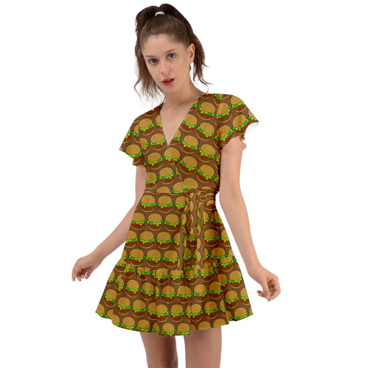 Burger Snadwich Food Tile Pattern Flutter Sleeve Wrap Dress