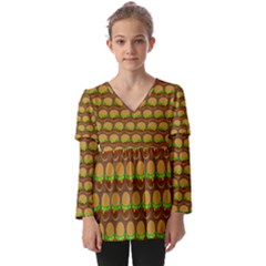 Burger Snadwich Food Tile Pattern Kids  V Neck Casual Top by GardenOfOphir