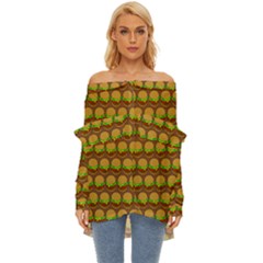 Burger Snadwich Food Tile Pattern Off Shoulder Chiffon Pocket Shirt by GardenOfOphir