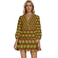 Burger Snadwich Food Tile Pattern V-neck Placket Mini Dress by GardenOfOphir